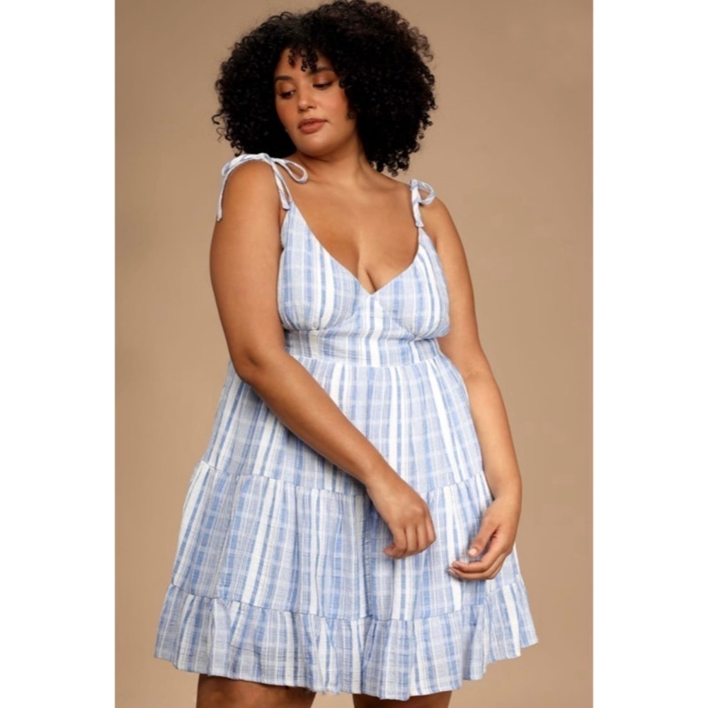 Lulus Shore of Yourself Blue Striped Tie-Strap Tiered Mini Dress 2X